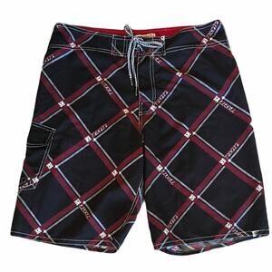 Ezekiel Board Shorts Black & Red Check Pattern 33”